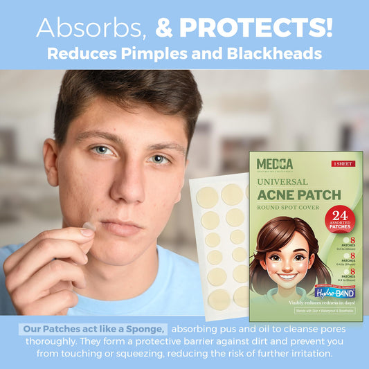 Acne Patches for Face - Hydrocolloid Bandages (24 Count) Pimple Patches for Face in 3 Universal Sizes, Acne Spot Treatment Care for Face & Skin Spot Patch Conceals Zits, Acne and Blackheads