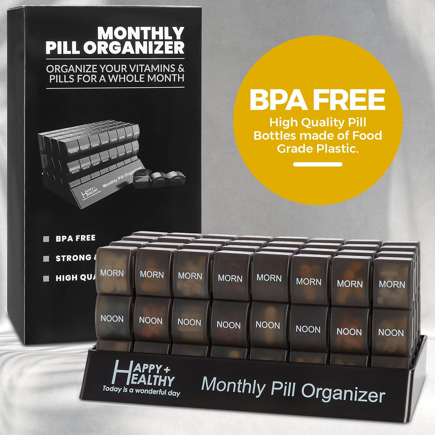 Month Pill Box Organizer - 32 Compartments | Morning-Noon-Night - 30 Day Pill Case with 32 Daily Compartments for Vitamins, Supplements, Medication - Travel Monthly Pill Organizer 3 Times-a-Day, Black