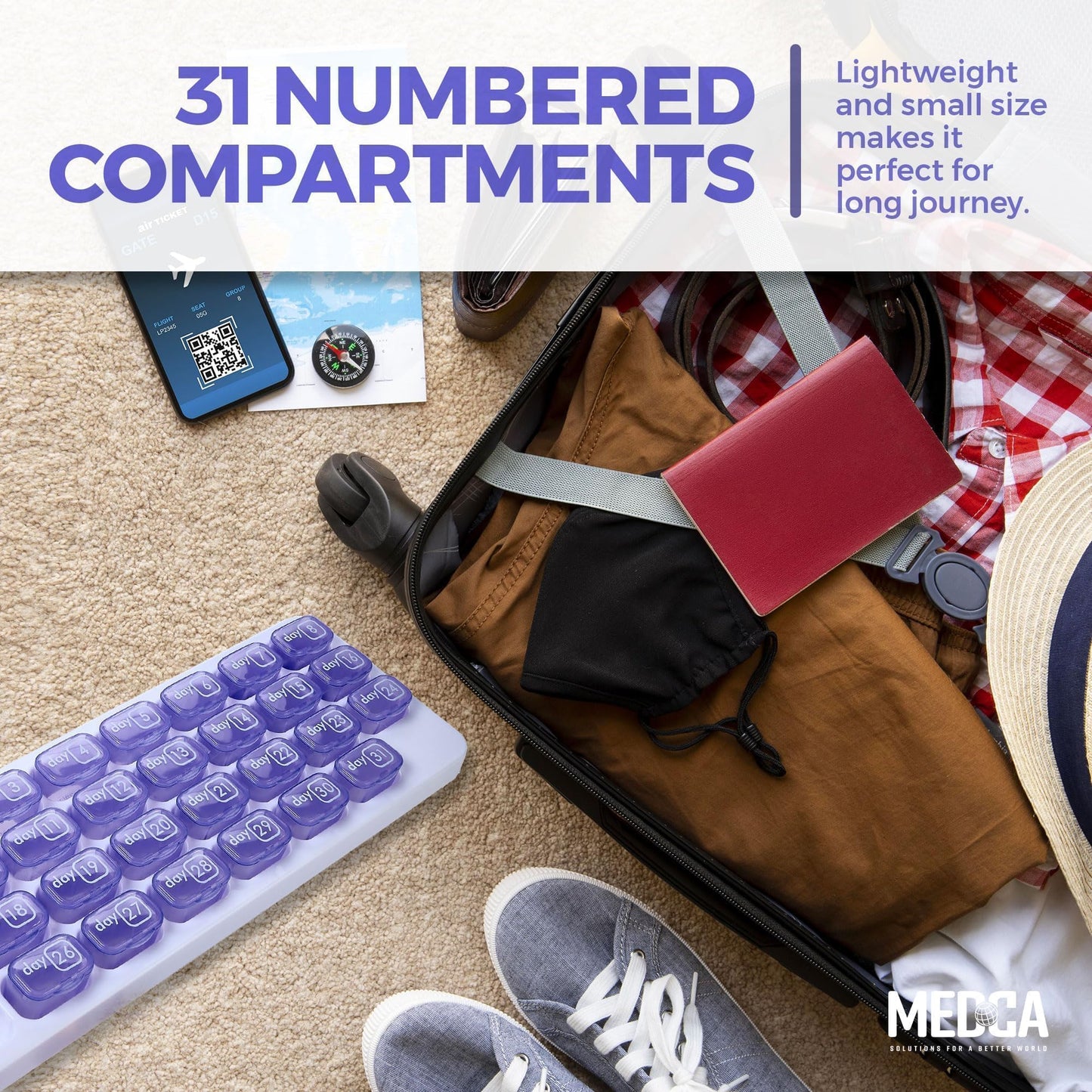 Monthly Pill Organizer - 31 Day Pill Organizer with Large Removable Medication Pods, Portable Pill Case Box and Holder for Daily Medicine and Vitamins for Travel, Purple