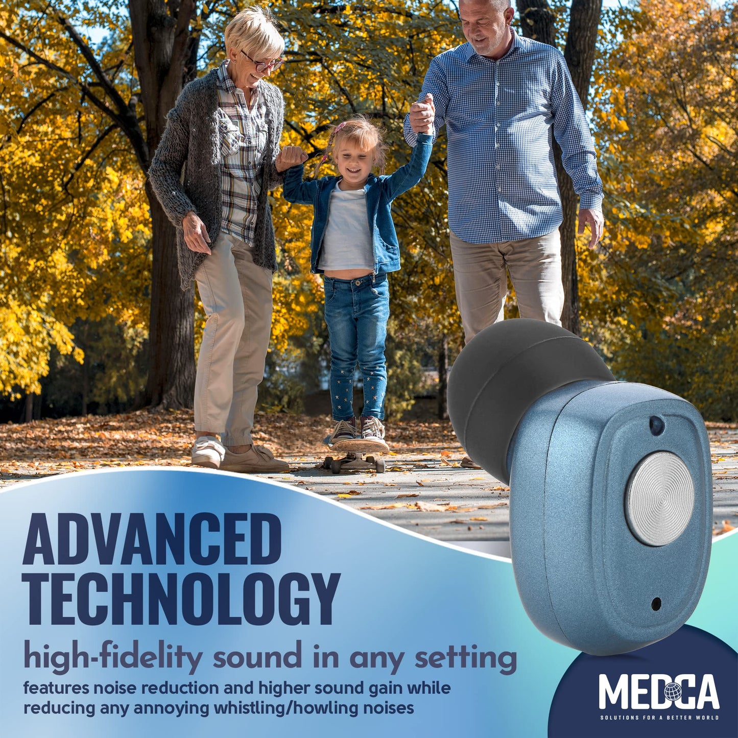 Rechargeable Hearing Amplifier Pair w/ Noise Cancelling, Digital Sound Device for Seniors & Adults - ITC Nano Personal Amplifier - One Touch Control & Low Sound Distortion Hearing Assist Device, Blue
