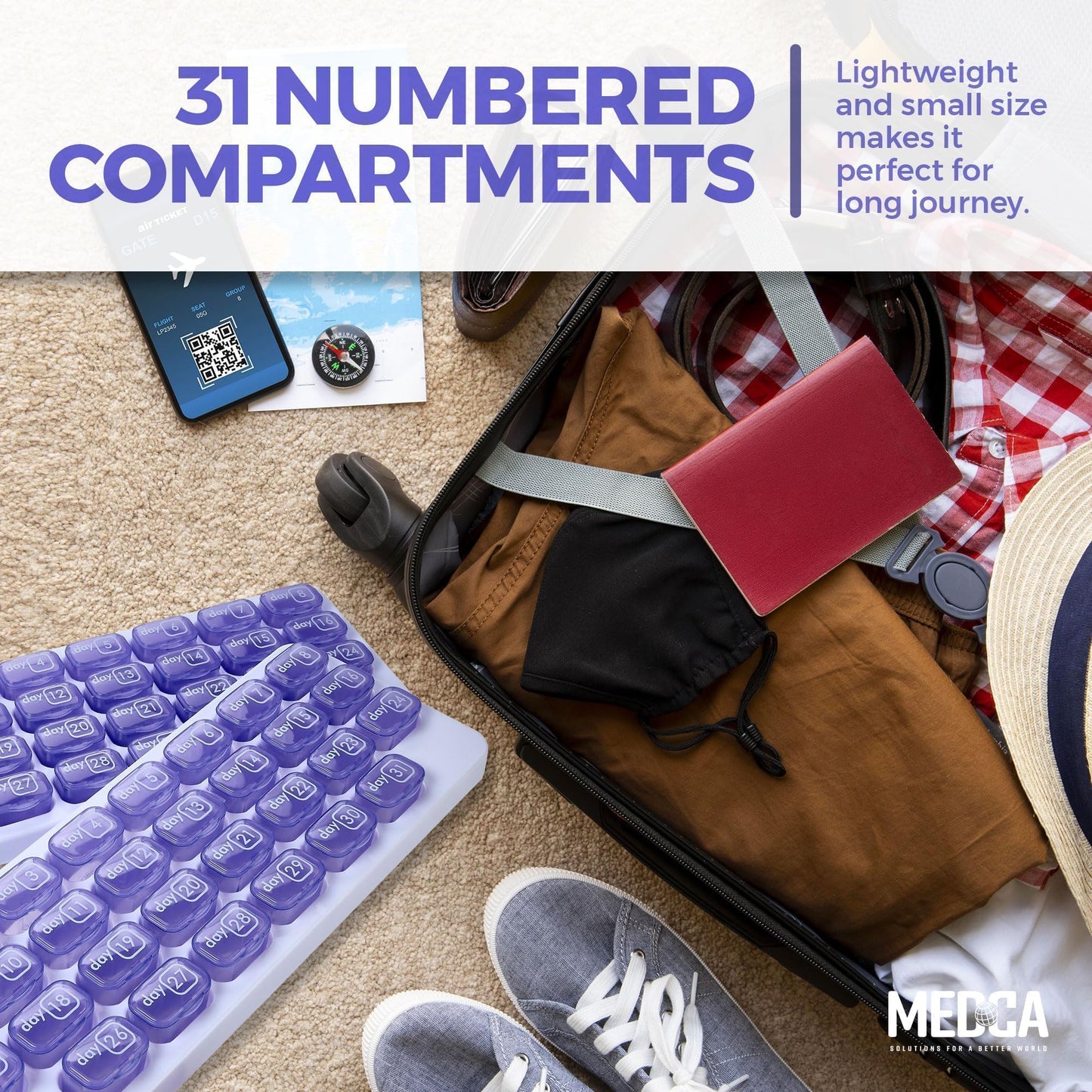 Monthly Pill Organizer - (Pack of 2) 31 Day Pill Organizer with Large Removable Medication Pods, Portable Pill Case Box and Holder for Daily Medicine and Vitamins for Travel, Purple