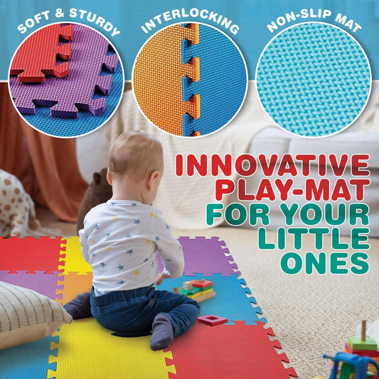 CREATIVE TIME Floor Mat 10-Tile Exercise Mat Solid Foam EVA Playmat Kids Safety - 10-Pcs of (1) Random Solid Color, Receive Either Red, Blue, Green, Yellow, Purple or Orange
