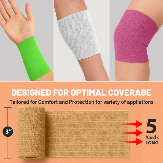 Self Adherent Wrap - Bulk Pack of 6, Athletic Tape Rolls and Sports Wraps, Self Cohesive Non-Woven Adhesive Bandage (3 In x 5 Yards) for Ankle Sprains & Swelling