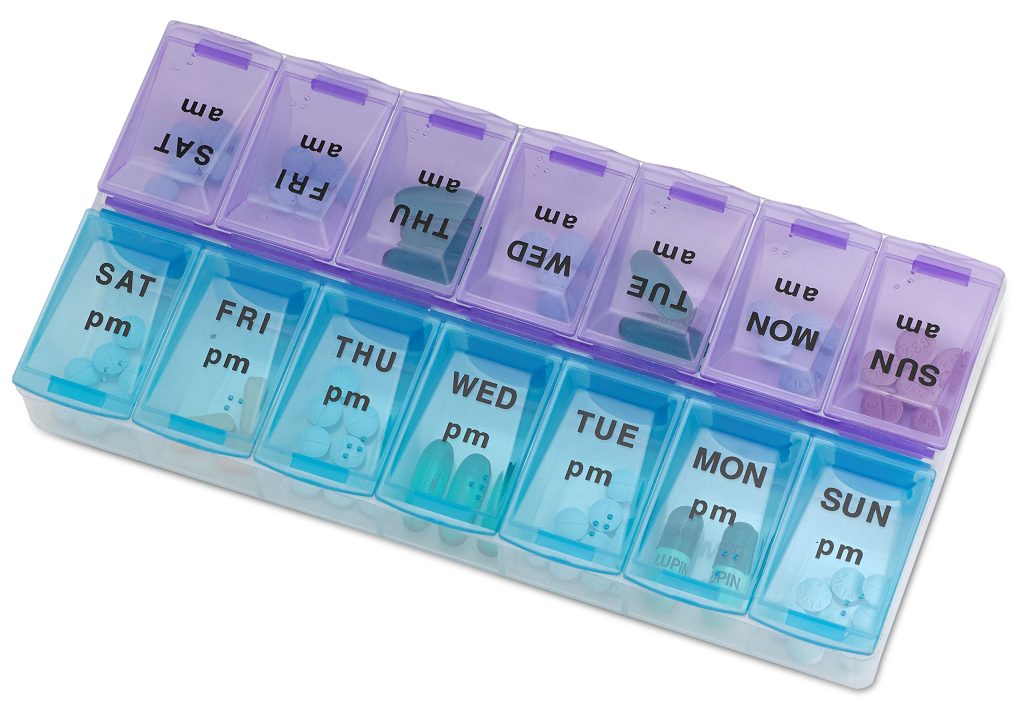 What are the unique features of the Weekly pill organizer 2 times a day?