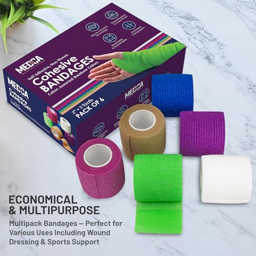 MEDca Self Adherent Cohesive Wrap Bandages 2 Inches X 5 Yards 6 Count, (Rainbow Color)