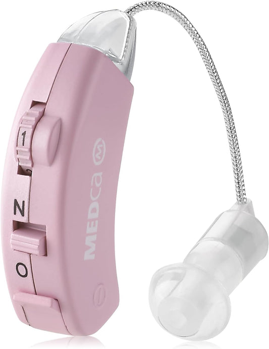 Hearing Aids for Seniors - Behind the Ear Sound Amplifier Set, BTE Hearing Ear Amplification Device and Digital Hearing Amplifier PSAP for Hard of Hearing, Noise Reducing, Pink by MEDca