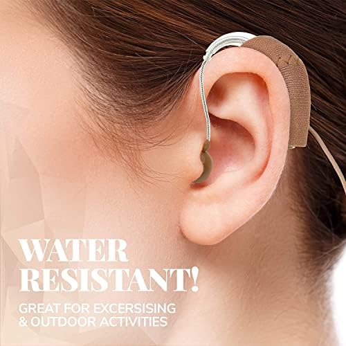 Hearing Aid Protectors and Clips - (2-Pack) Corded Fabric Cover w/ Clasp Protect from Dirt Dust Sweat & Moisture Reduces Wind Noise & Prevents Loss Fits Most (1-Inch, 1.25-Inch, 2-Inch) BTE Devices