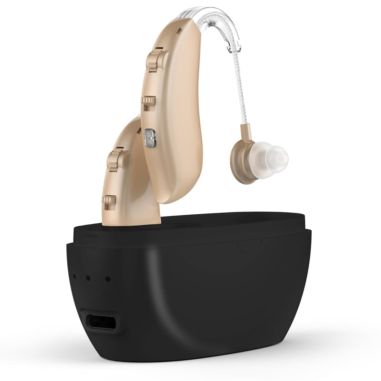 Rechargeable Hearing Aids for Seniors - BTE Digital Hearing Amplifiers w/ Intelligent Noise Cancelling, Four Modes, Behind Ear Hearing Aid PSAP Pair w/ Volume Control and Charging Case, Beige