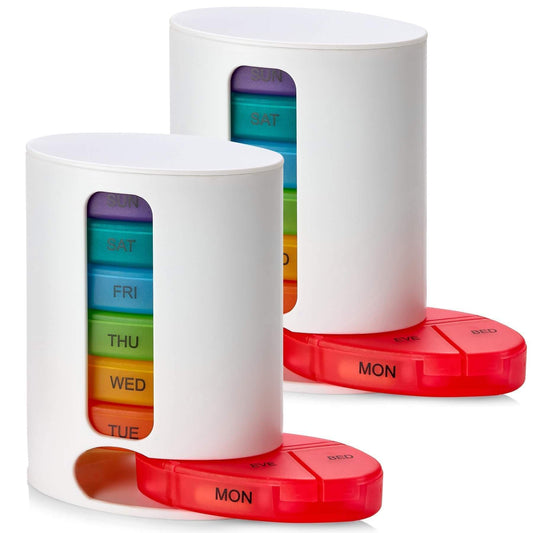 MEDca Weekly Pill Organizer, 1 Dispenser, 7 Stackable Multi-Color Compartments Four Times-a-Day - Morning, Noon, Evening, and Bedtime, White, 2-Pack