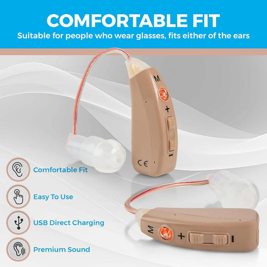 Rechargeable Hearing Amplifiers - Premium Digital BTE Personal Sound Amplifier Device Pair with 2 Program Modes Noise Cancellation & Feedback Reduction & Fast Charging for Adults Seniors & Elderly