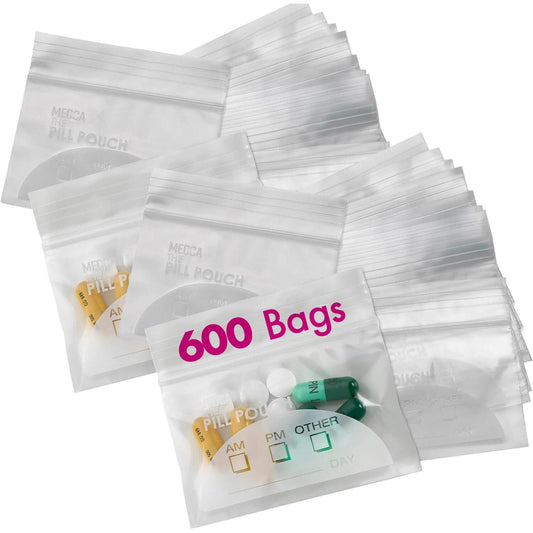 Pill Pouch Bags - (Pack of 600) 3" x 2.75" - BPA Free, Poly Bag Disposable Zipper Pills Baggies, Daily AM PM Travel Medicine Organizer Storage Pouches, Best Clear Reusable with Write-on Labels