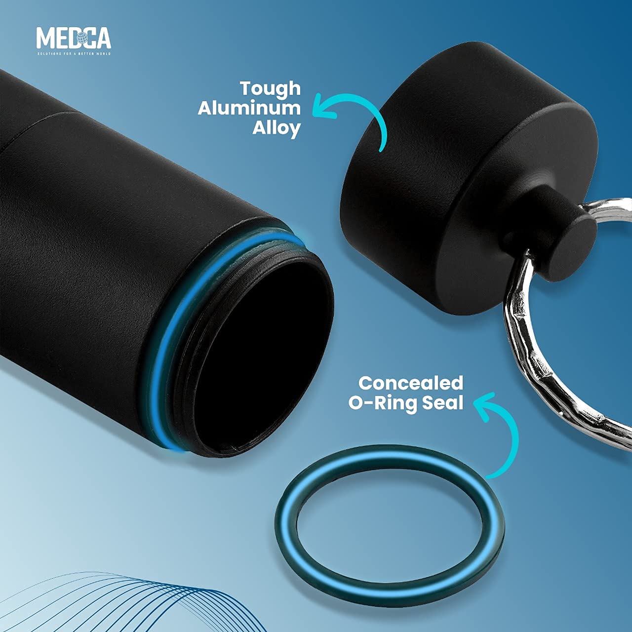 MEDCA Portable Keychain Pill Case Holder - Aluminium Alloy Mini Pill Organizer Case Container, Waterproof Mini Pill Box for Medication, Supplements, and Vitamins (Black+Matt Finished+2 Pack)