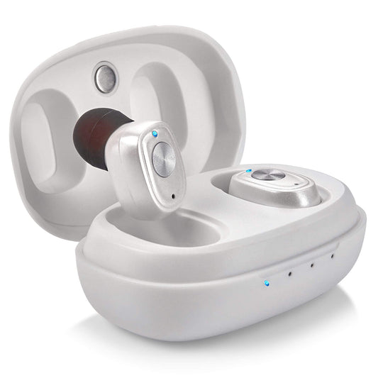 Rechargeable Hearing Amplifier Pair w/ Noise Cancelling, Digital Sound Device for Seniors & Adults - ITC Nano Personal Amplifier - One Touch Control & Low Sound Distortion Hearing Assist Device, White