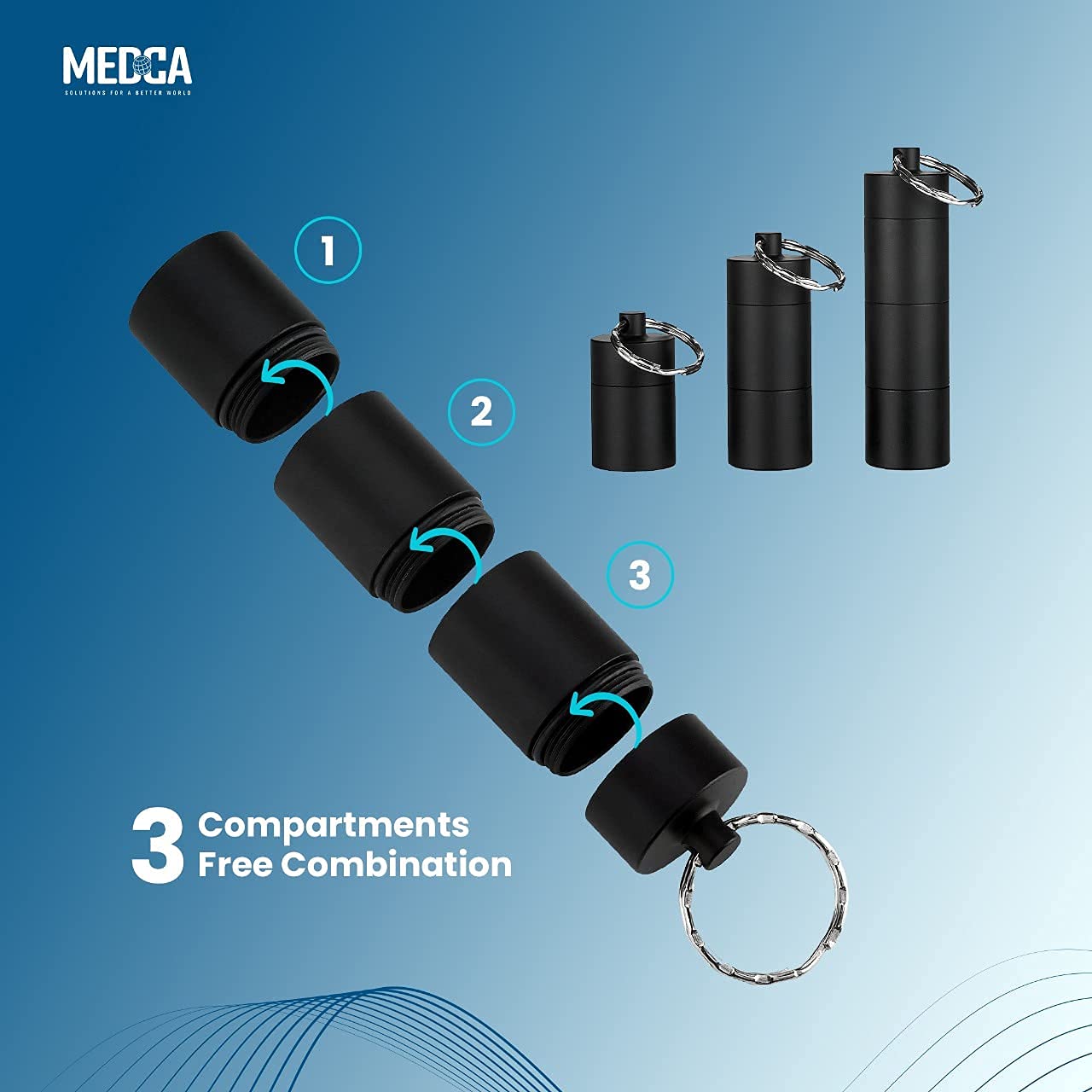 MEDCA Portable Keychain Pill Case Holder - Aluminium Alloy Mini Pill Organizer Case Container, Waterproof Mini Pill Box for Medication, Supplements, and Vitamins (Black+Matt Finished+2 Pack)
