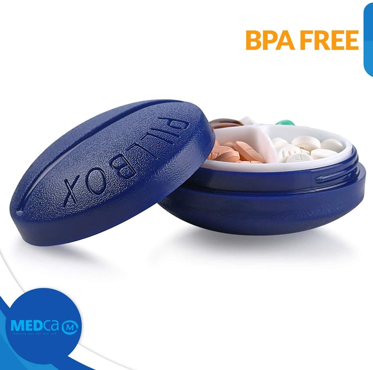 Pill Box Round for Travel - Mini Compact Portable 4 Compartment Pills Case Organizer, Vitamin and Medication Dispenser Holder for Up To 4 Times A Day, BPA Free Pill Reminder by MEDca