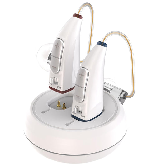 Rechargeable Hearing Aids for Seniors - (Pair) Digital Binaural Behind-the-Ear Personal Sound Amplification Aid Device, Long Lasting Battery, Comfortable All-Day BTE Design, Noise Cancellation, White