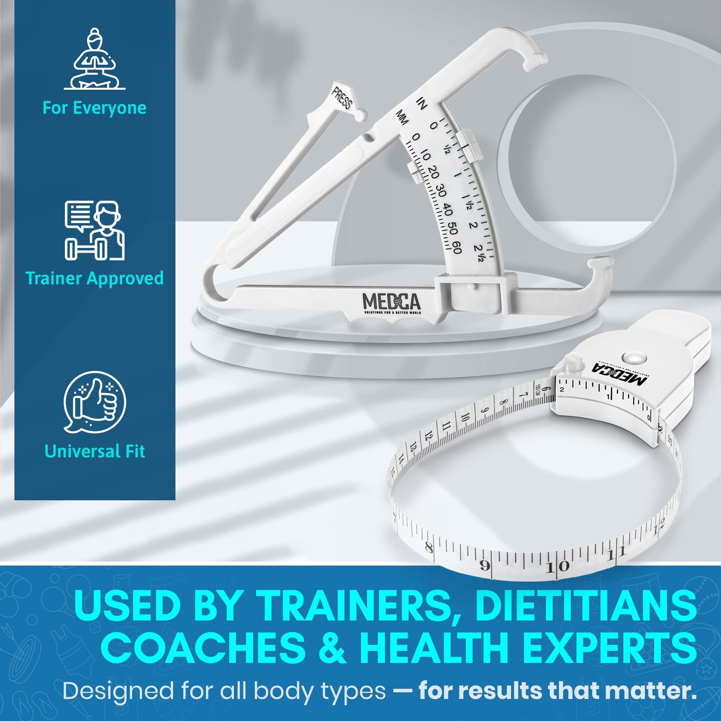 Body Fat Caliper and Measuring Tape for Body - Skinfold Calipers and Body Fat Tape Measure Tool for Accurately Measuring BMI Skin Fold Fitness and Weight-Loss - New Upgraded Design (White)