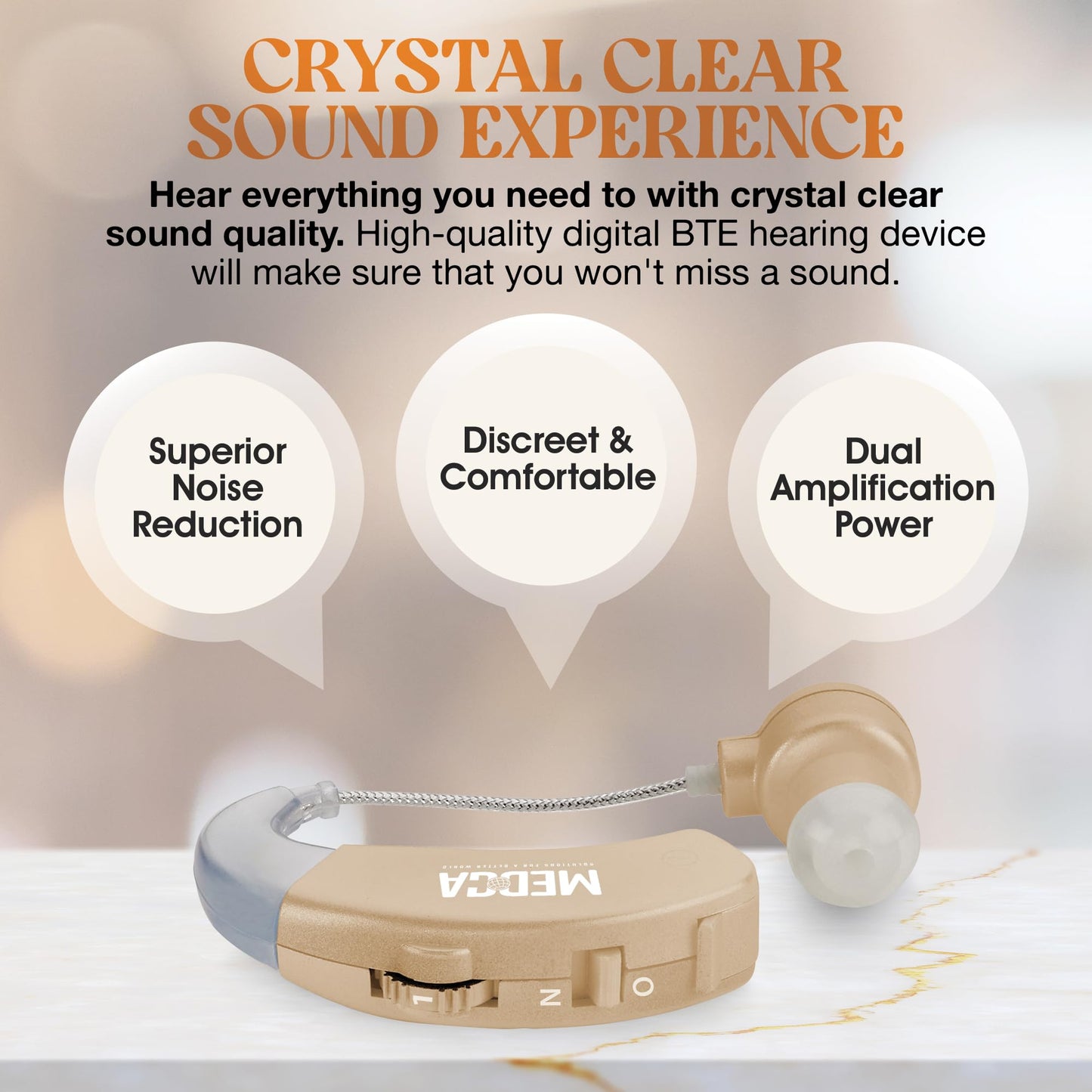 Behind the Ear Sound Amplifier - BTE Hearing Ear Amplification Device and Digital Sound Enhancer PSAD for the Hard of Hearing, Noise Reducing Feature, Gold