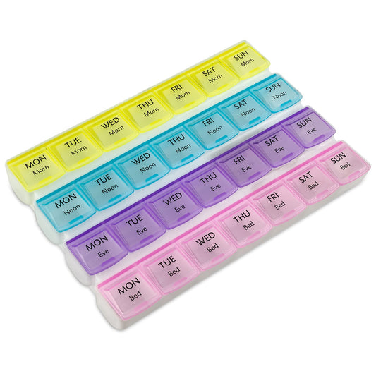 Weekly Pill Organizer - 4-Times-a-Day Pill Planner Pill Box Separates Pills & Vitamins with Daily Morning, Noon, Evening & Night Compartments, Travel Medication Reminder Monday to Sunday