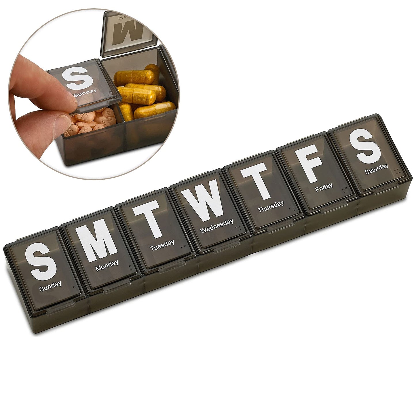 Weekly Pill Organizer - Extra Large with Easy to Read Jumbo Letters Vitamin Container, BPA Free - Daily Travel 7 Day Medication Pill Box Case, (Black)