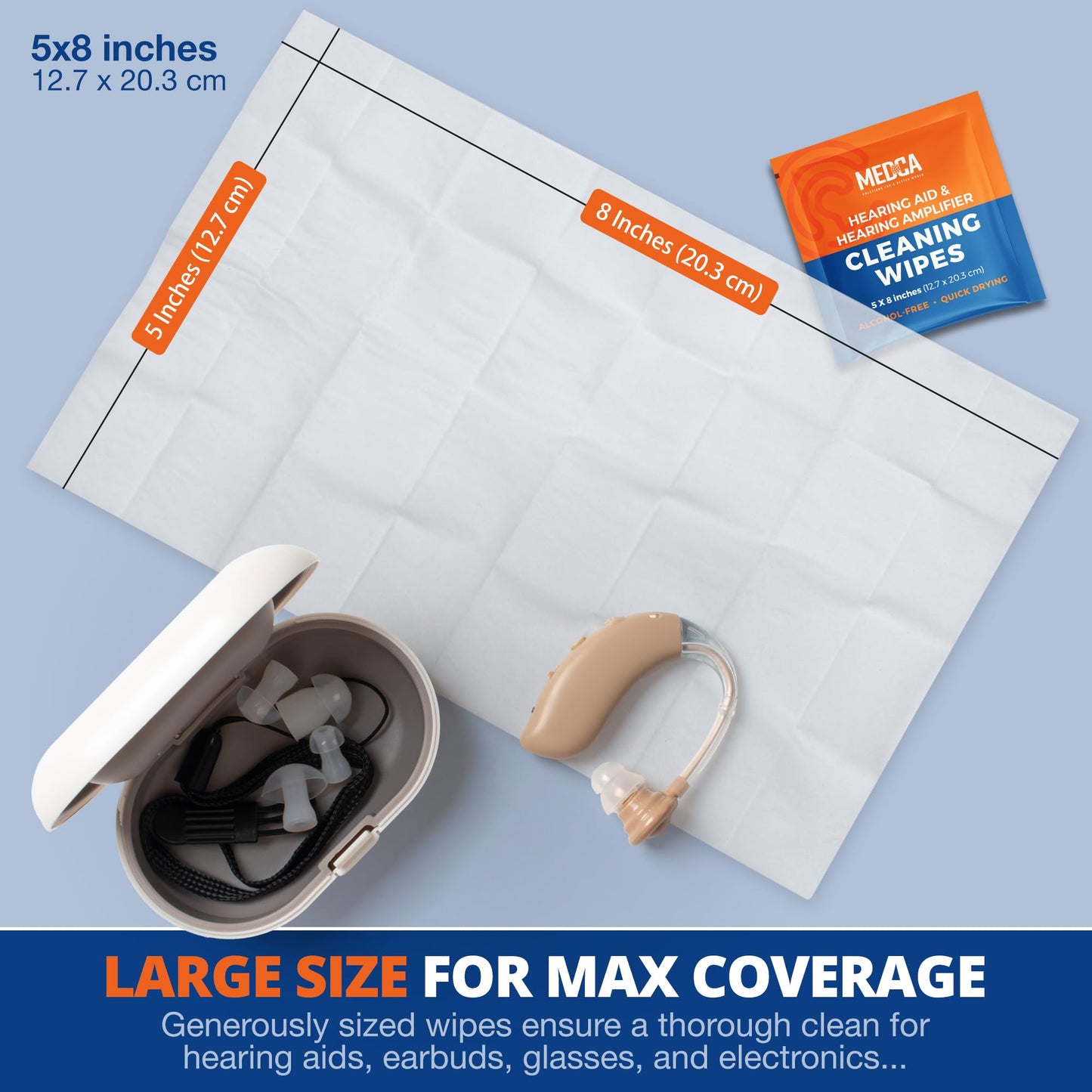 Hearing Aid Cleaning Wipes - 100 Individually Wrapped Pre-Moistened Alcohol-Free Wipes for Hearing Aids, Amplifiers, Earbuds, Audio & Electronics - Portable, Quick-Drying, Gentle, Daily Use & Travel