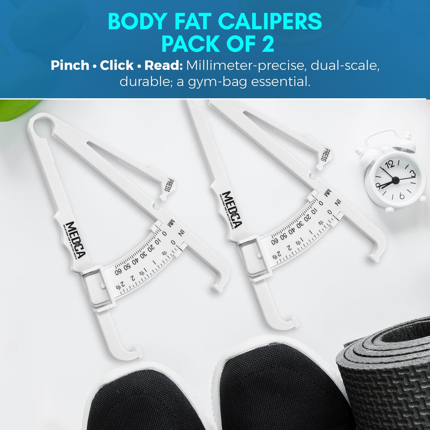 Skinfold Body Fat Caliper - Skin Fold Body Fat Analyzer and Handheld BMI Measurement Tool Skinfold Caliper Device Measures Body Fat for Men and Women by MEDca - (Pack of 2, White)