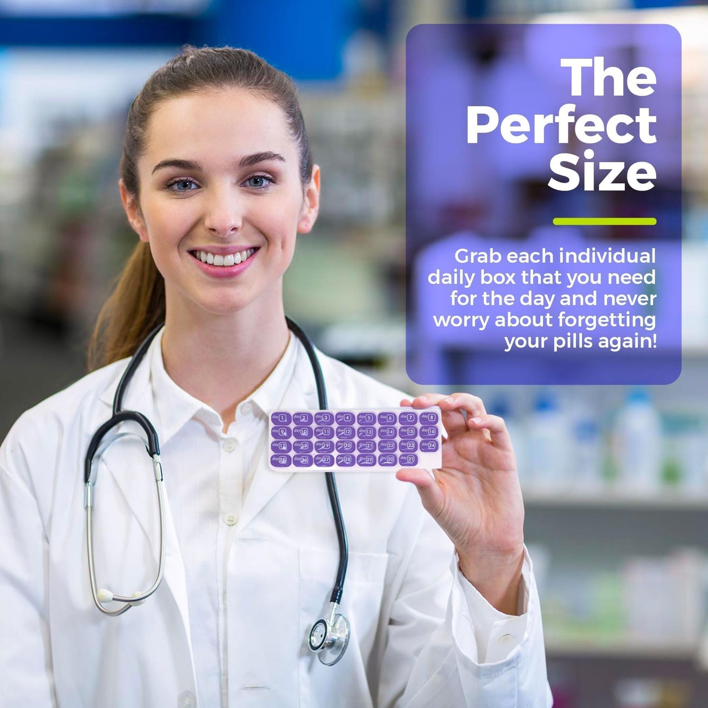 Monthly Pill Organizer - 31 Day Pill Organizer with Large Removable Medication Pods, Portable Pill Case Box and Holder for Daily Medicine and Vitamins for Travel, Purple