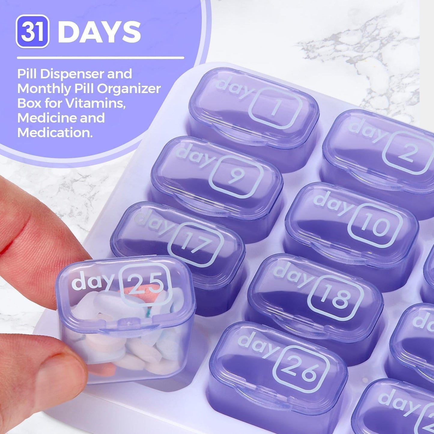 Monthly Pill Organizer - 31 Day Pill Organizer with Large Removable Medication Pods, Portable Pill Case Box and Holder for Daily Medicine and Vitamins for Travel, Purple
