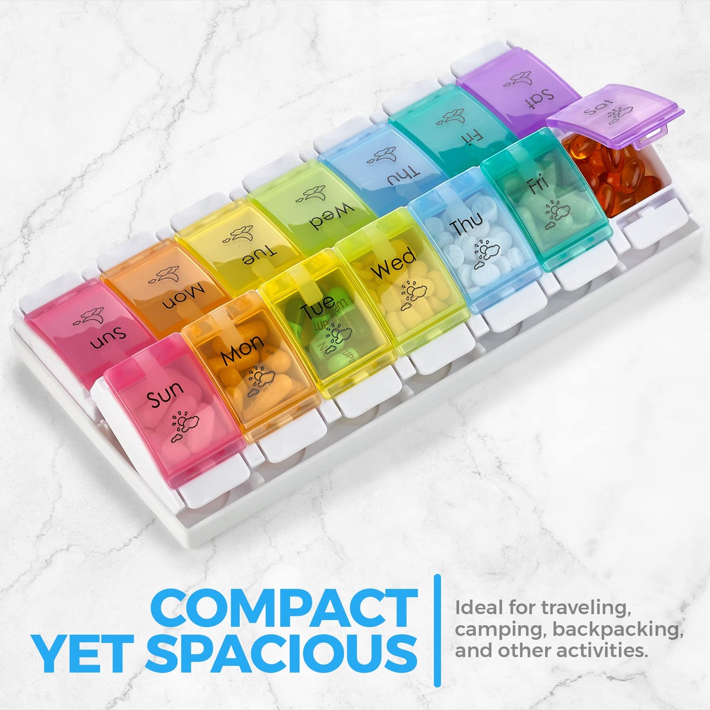 7 Day Pill Organizers - (Pack of 2) Easy Push Button Assisted Open, AM PM Daily Travel Pill Box Case Planner and Large Compartments for Medication Vitamins Fish Oil & Supplements, BPA Free