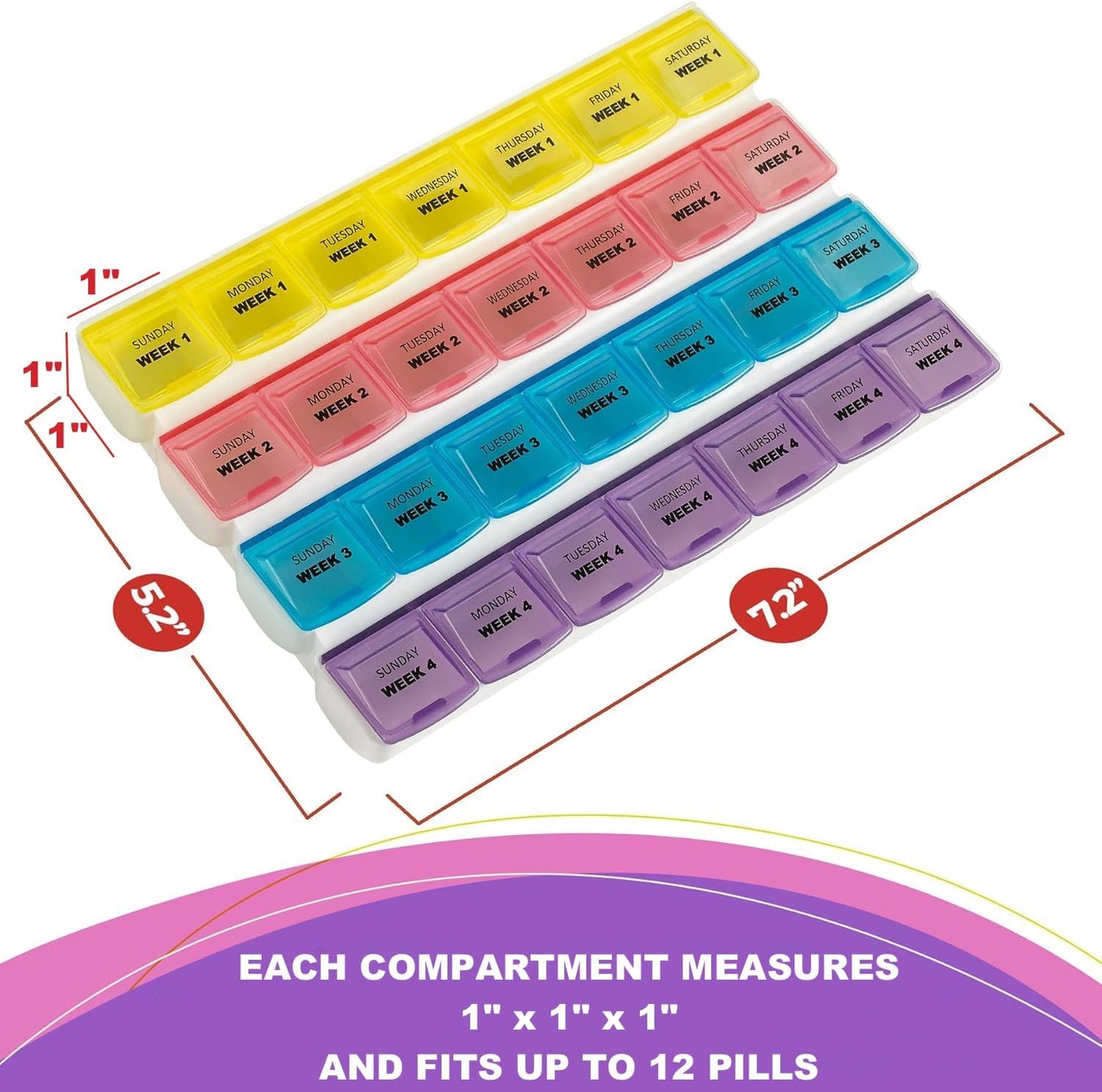 Monthly Pill Organizer - 28 Day Monthly Pill Planner to Separate Pills & Vitamins Week to Week, Travel Medication Reminder Daily Monday to Sunday Compartments