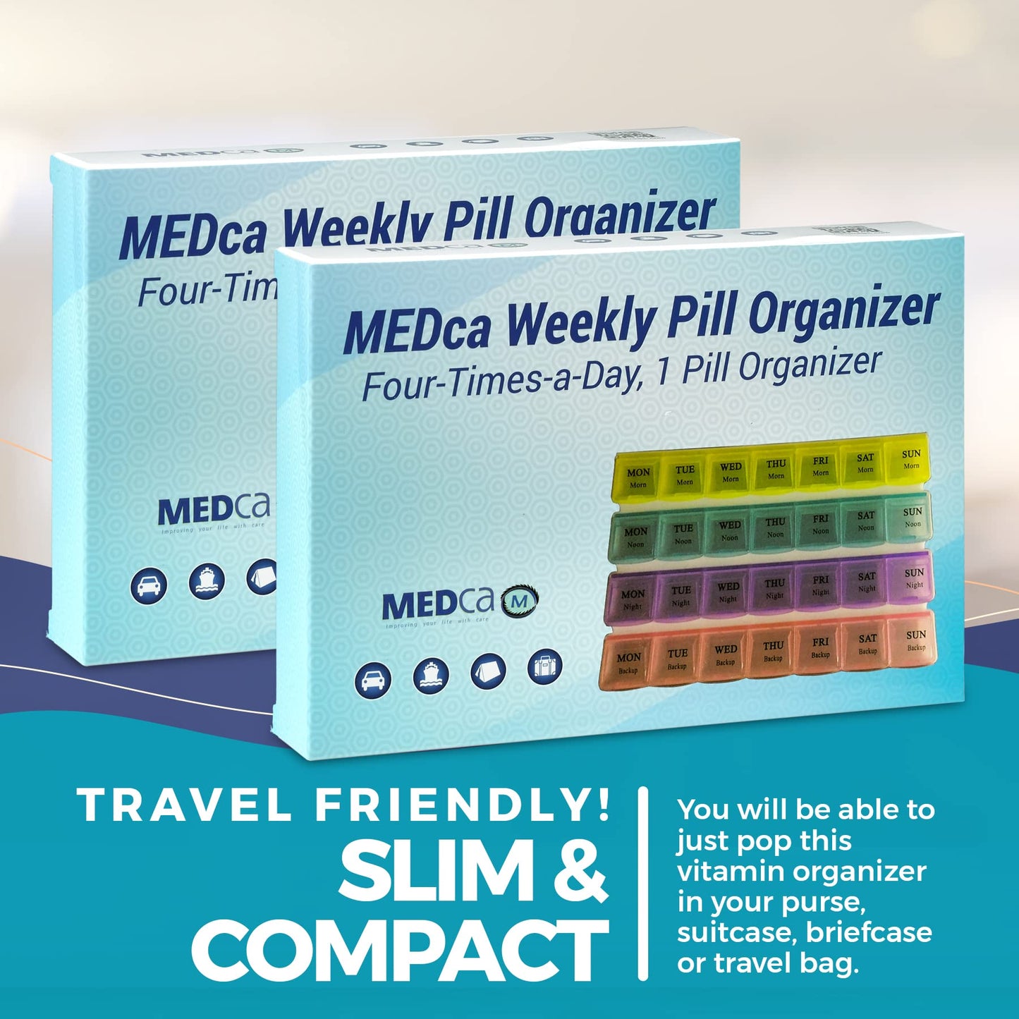 Weekly Pill Organizer - 4-Times-a-Day Pill Planner (Pack of 2) Pill Box Separates Pills & Vitamins with Daily Morning, Noon, Evening & Night Compartments, Travel Medication Reminder Monday to Sunday