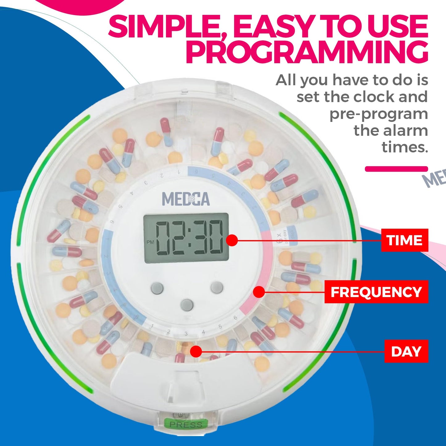 Automatic Pill Dispenser with 28-Day Electronic Medication Organizer - Lockable Key Pill Container with LCD Display, Light and Sound Reminder Alarm for Scheduled Medication for Seniors and Elderly