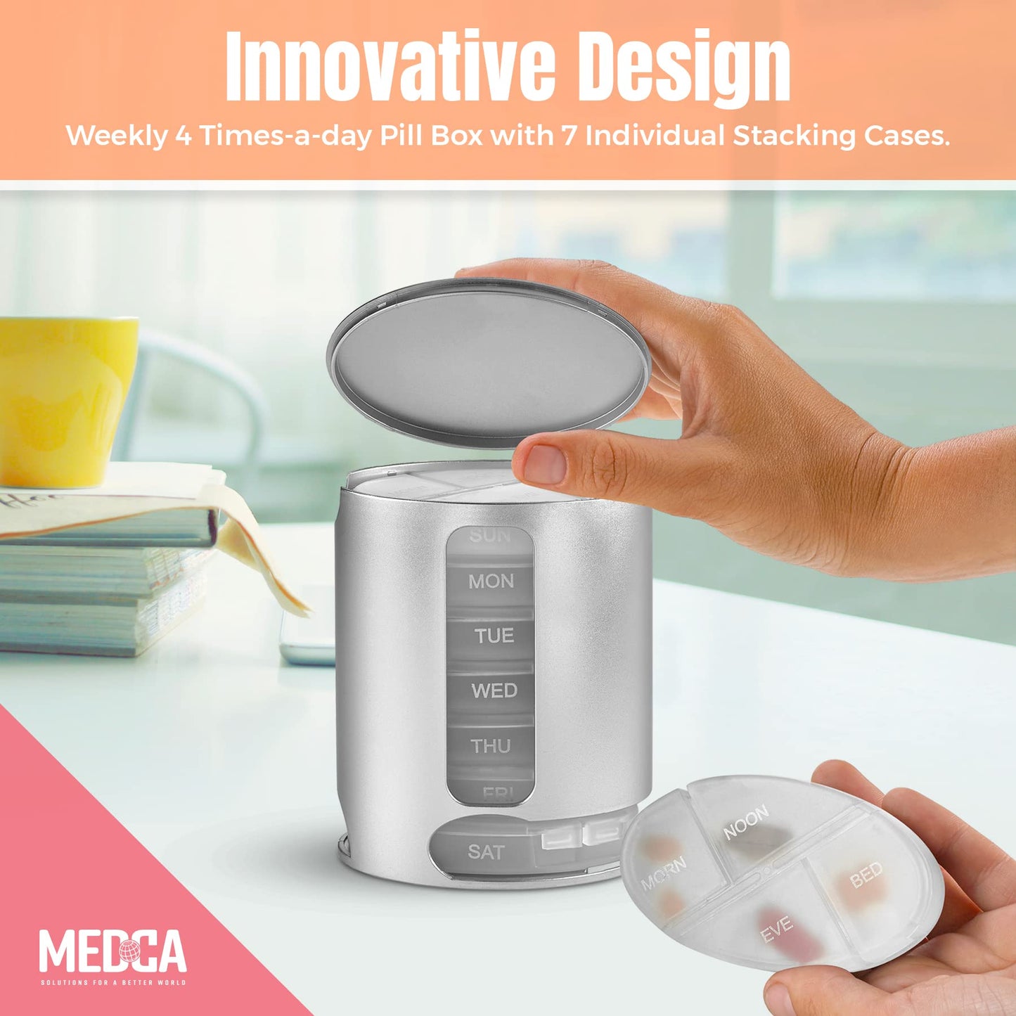 Stackable Daily Pill Organizers - (Pack of 2) Weekly Medication Reminder with 7 Individual Stacking Cases - AM/PM Pill Boxs with 4 Times a Day, a Everyday Medicine Organizer, Silver