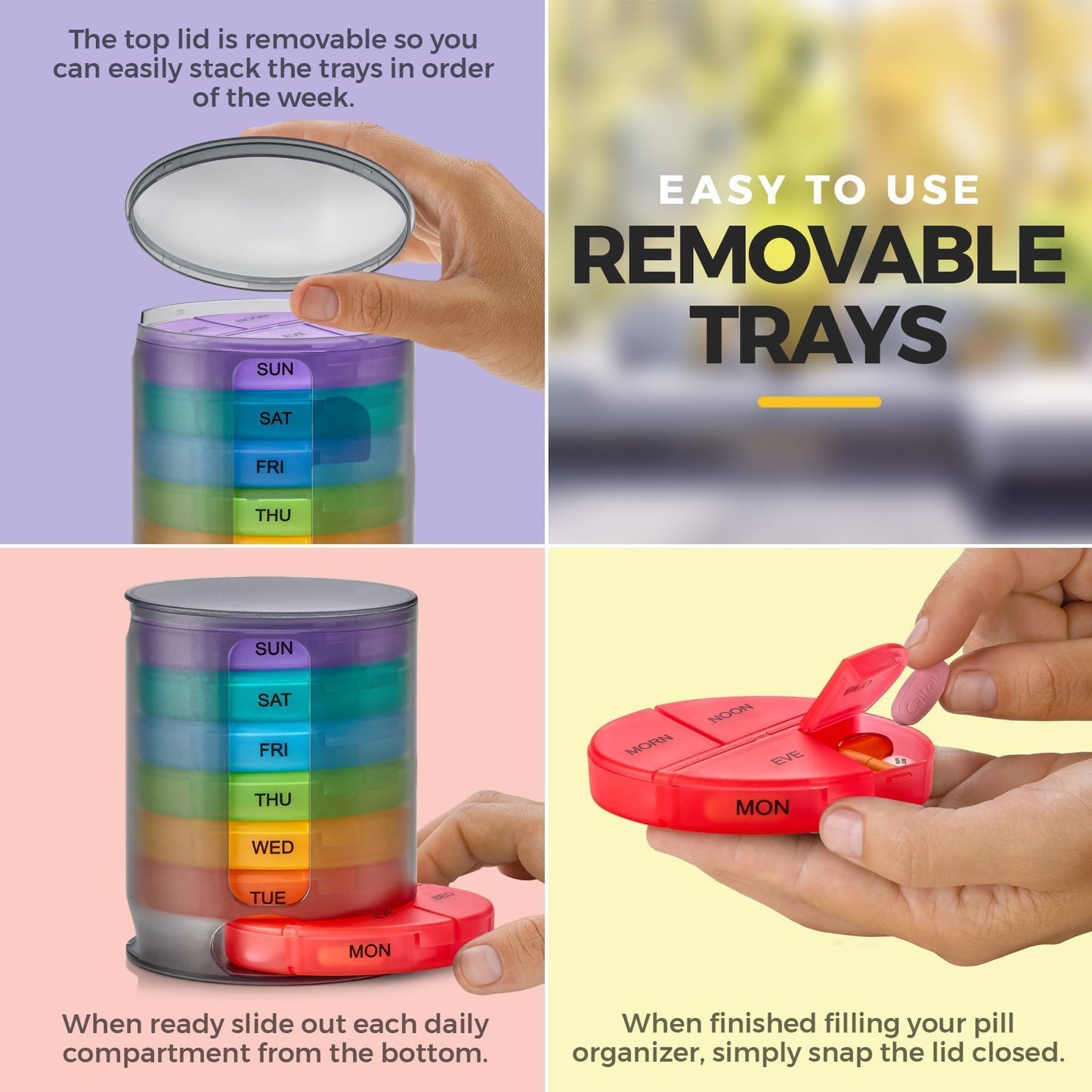 MEDca Weekly Pill Organizer, 1 Dispenser, 7 Stackable Multi-Color Compartments Four Times-a-Day - Morning, Noon, Evening, and Bedtime, Black