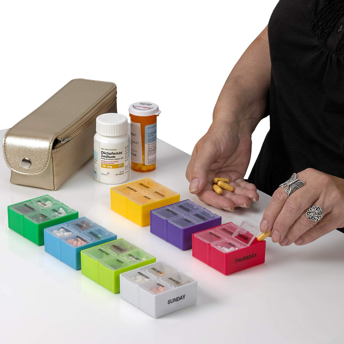 Large Weekly Pill Organizer Box in Gold Leather Case - 7 Day Week Pill Planner Organizers & Medication Reminder with 4 Times a Day - Daily Compartments that is Ideal for Travel by MEDca