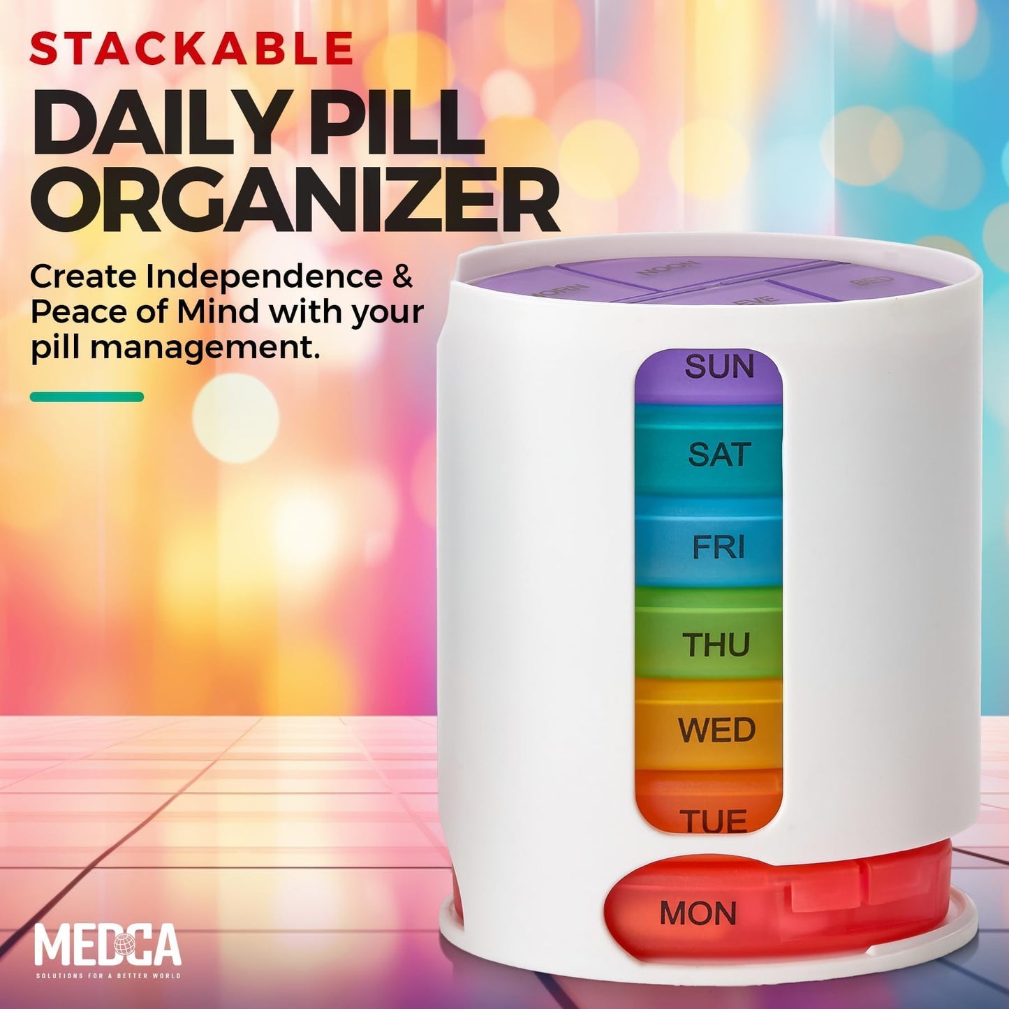 MEDca Weekly Pill Organizer, 1 Dispenser, 7 Stackable Multi-Color Compartments Four Times-a-Day - Morning, Noon, Evening, and Bedtime, White