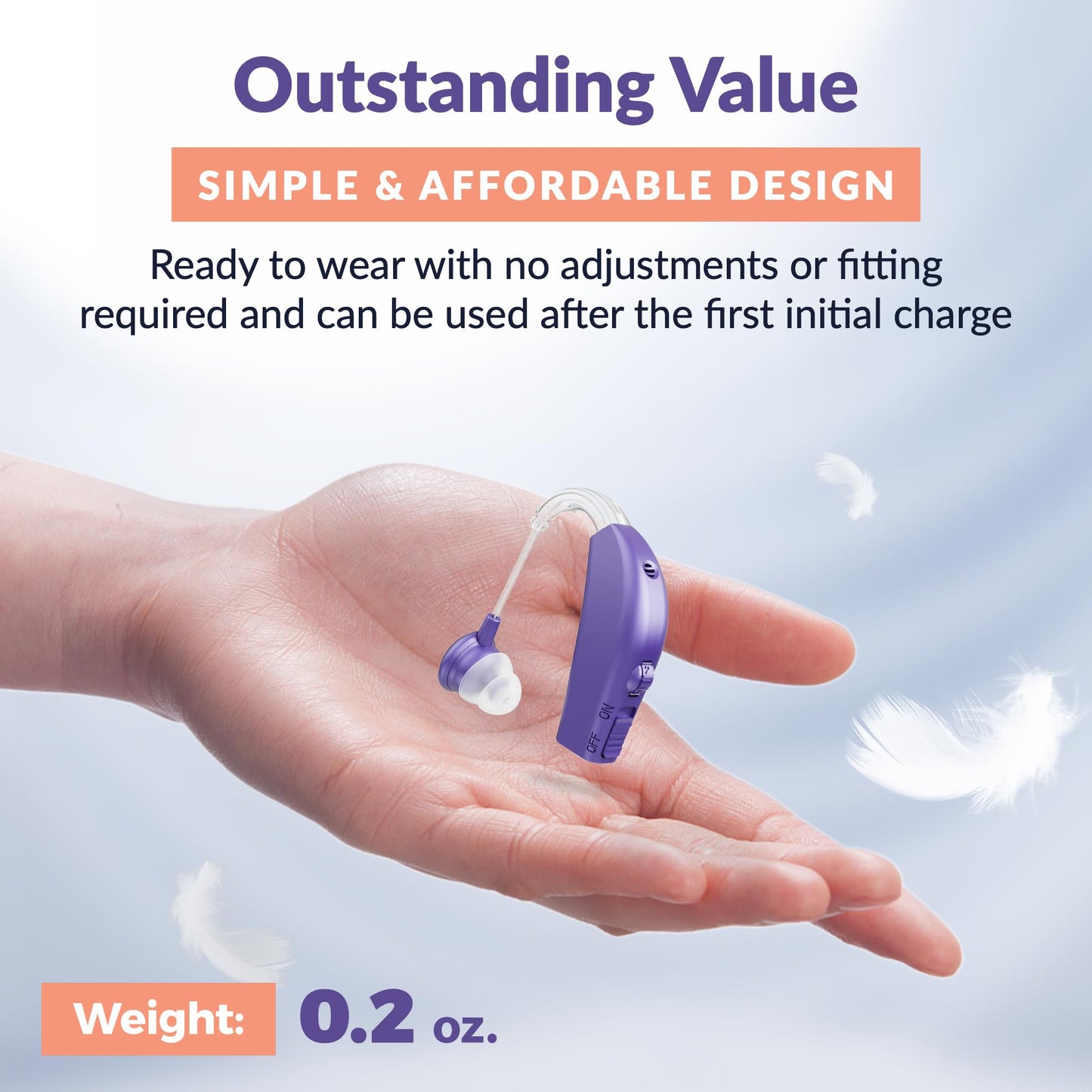 Digital Hearing Aid Amplifier Set - Rechargeable Behind the Ear Personal Sound Amplification Device - for Adults and Seniors with All-Day Battery Life, (Single Unit, Purple)