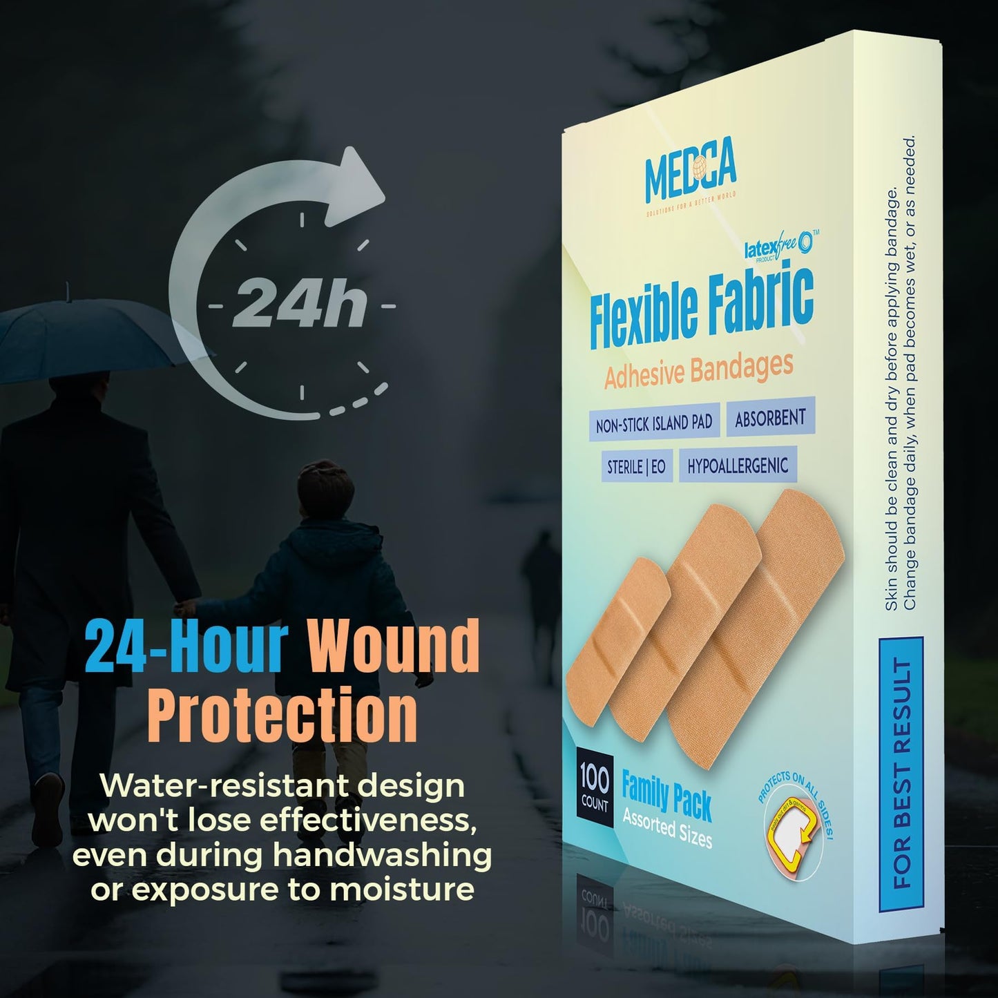 Flexible Fabric Adhesive Bandages for Comfortable Flexible Large Protection & Wound Care of Minor Cuts, Scrapes, & Wounds, Assorted Sizes (2-1/4"x5/8", 3"x3/4", 3"x1") - 100 Count Box