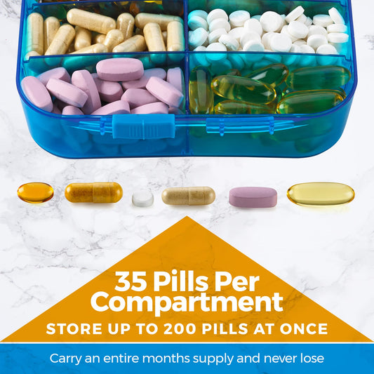 Pill Organizer Case - (Pack of 2) Portable 6 Compartment Daily Travel Medicine Reminder Box for Your Pills, Medications, Supplements, Vitamins and Fish Oils, Blue
