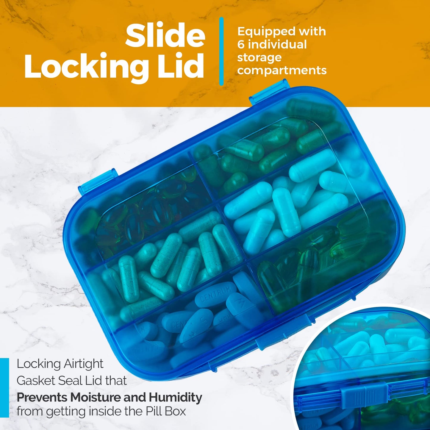 Vitamin Organizer - Travel Pill Organizer Box & 6 Compartment Daily Medicine Case Container for Organizing Your Pills, Medications, Supplements, Vitamins and Fish Oils for Every Day Use by MEDca