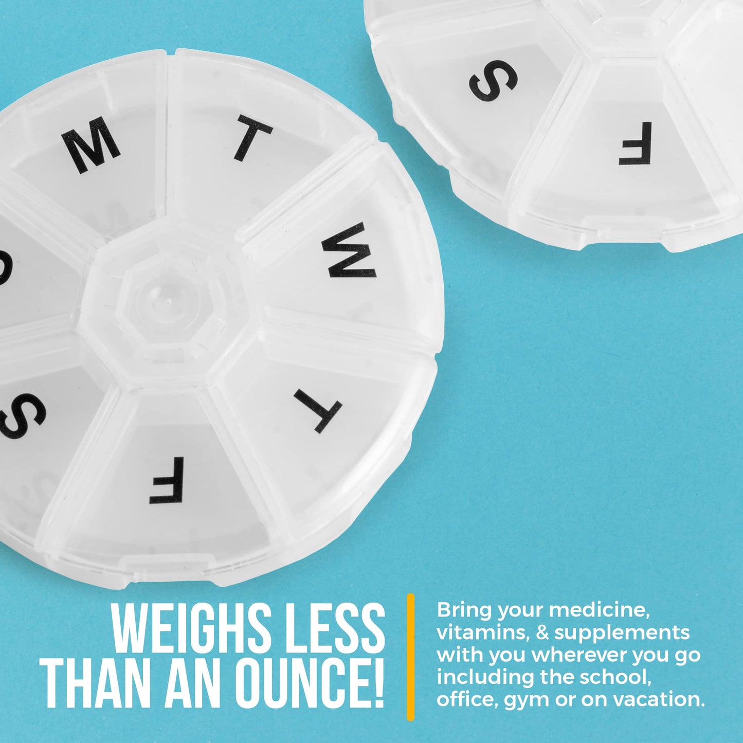 Weekly Pill Organizer - (Pack of 2) 7 Day Pills Container, Round Medicine Organizer Box, Daily Week Pill Reminder Case Travel Friendly, BPA-Free Vitamin, Supplement, Fish Oil, Medication Planner