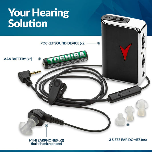 Personal Sound Amplifiers - (2 Pack) Personal Audio Amplifier Device and Voice Enhancer Device for Sound Gain of 50dB, Up to 100 Feet Away, Pocket Hearing Devices