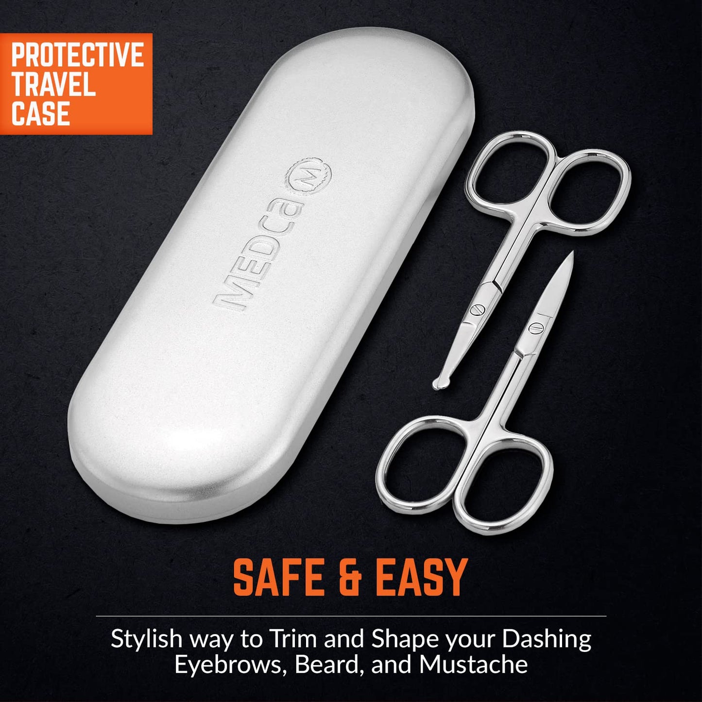 Stainless Steel Grooming Scissors - Eyebrow Scissor, Beard & Mustache Trimming Set, Small Curved & Rounded Tip Facial Hair Trimmer Kit for A Much Safer Ear, Nose Hair Clipper for Men & Travel Case