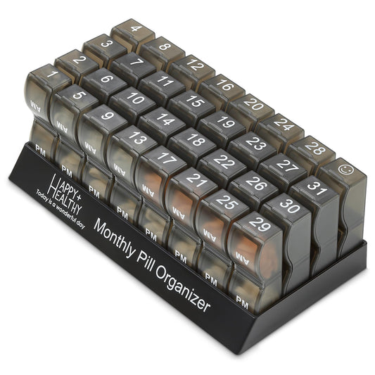 Monthly Pill Organizer - Am/Pm Daily Pill Organizer 32 Compartments for Each Day, Pill Dispenser and Dispenser Caddy That Helps You Organize Your Life, Perfect for Supplements and Medication, Black