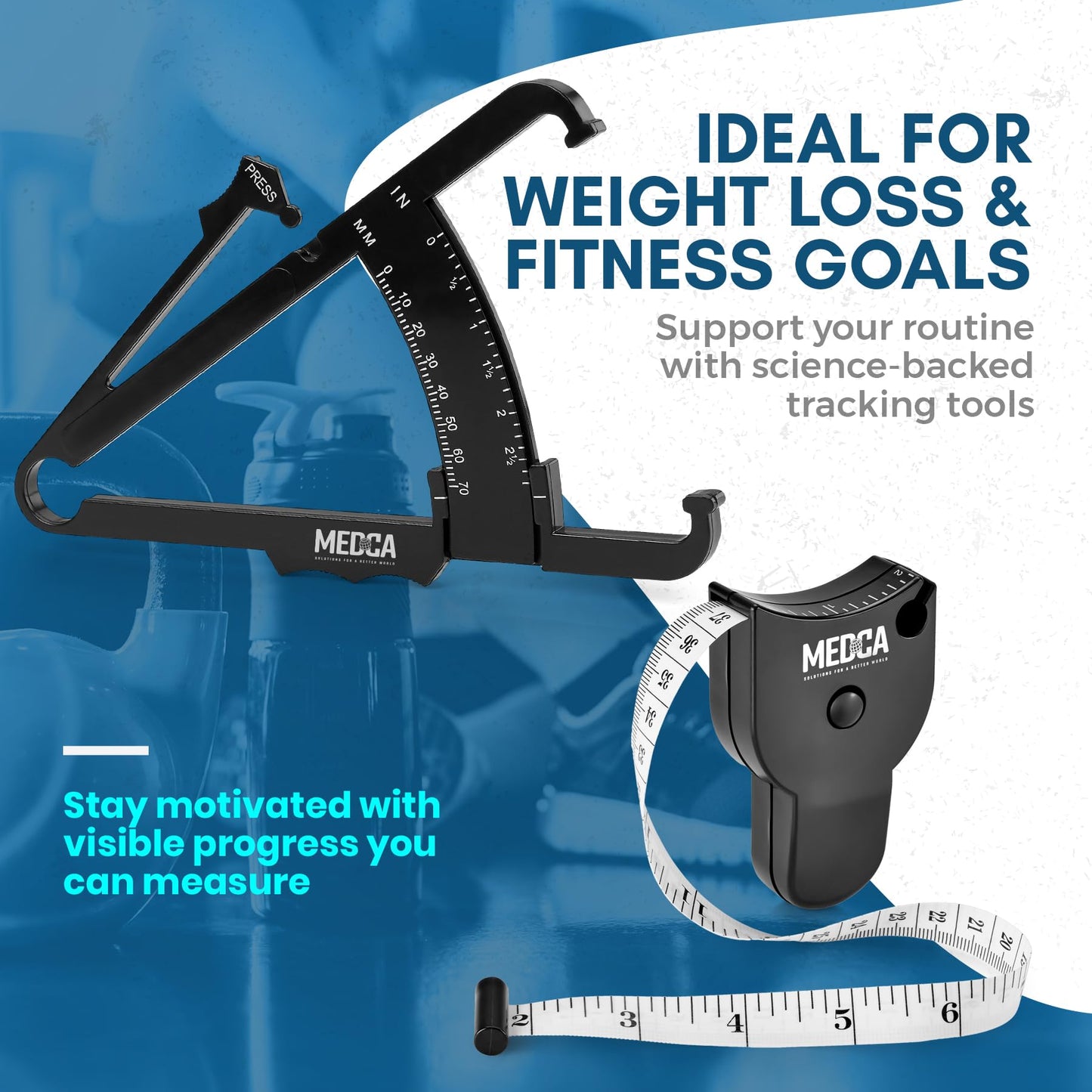 MEDca Body Fat Caliper and Measuring Tape for Body - Skinfold Calipers and Body Fat Tape Measure Tool for Accurately Measuring BMI Skin Fold Fitness and Weight-Loss, (Black)