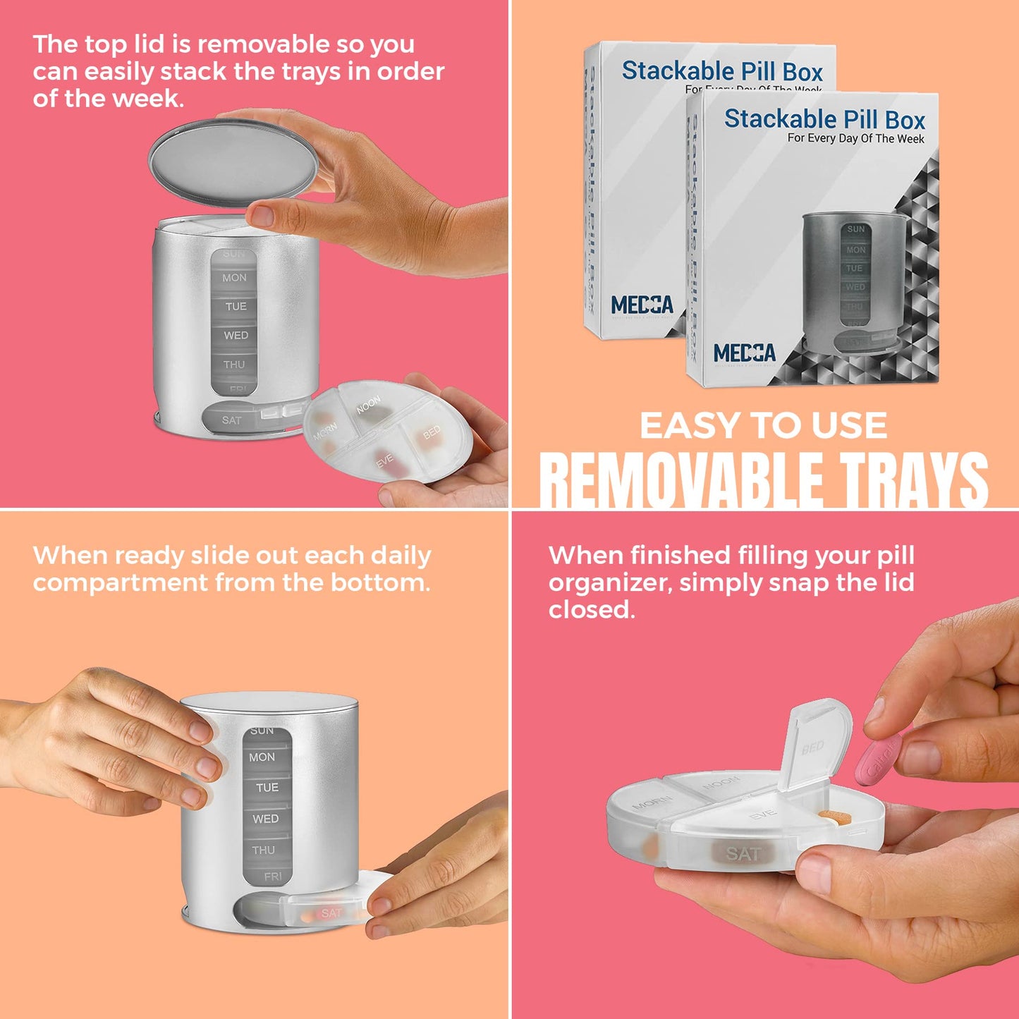 Stackable Daily Pill Organizers - (Pack of 2) Weekly Medication Reminder with 7 Individual Stacking Cases - AM/PM Pill Boxs with 4 Times a Day, a Everyday Medicine Organizer, Silver