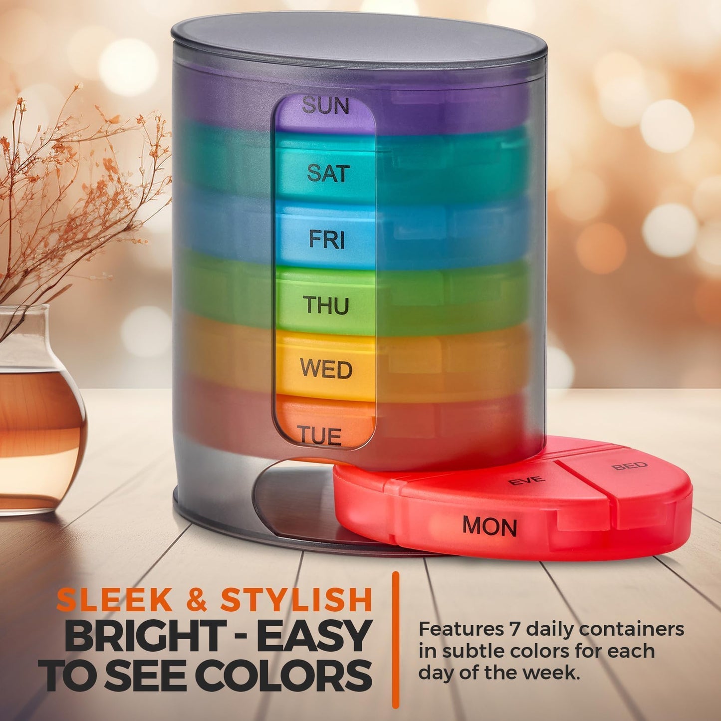 MEDca Weekly Pill Organizer, 1 Dispenser, 7 Stackable Multi-Color Compartments Four Times-a-Day - Morning, Noon, Evening, and Bedtime, Black