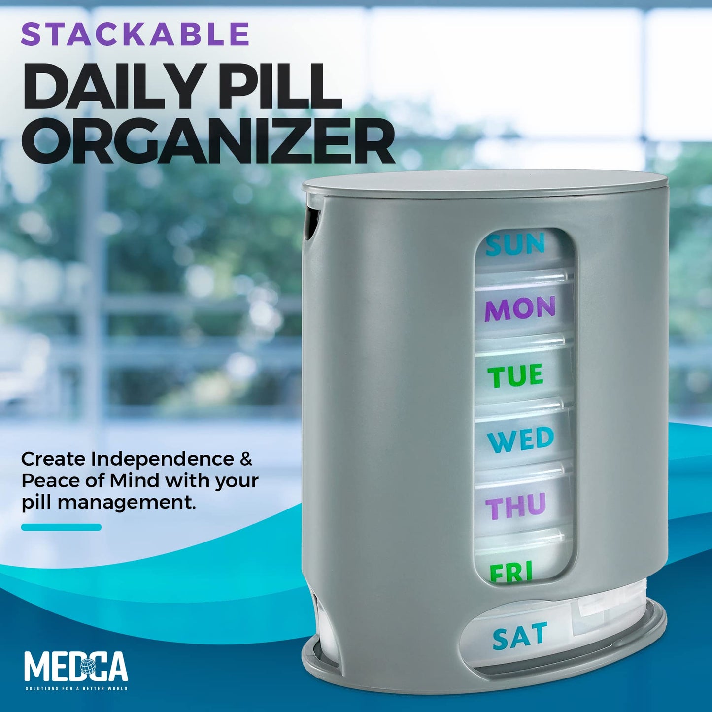MEDca Weekly Pill Organizer, Pack of 2 Dispensers, 7 Stackable Compartments Four Times-a-Day - Morning, Noon, Evening, and Bedtime, Grey