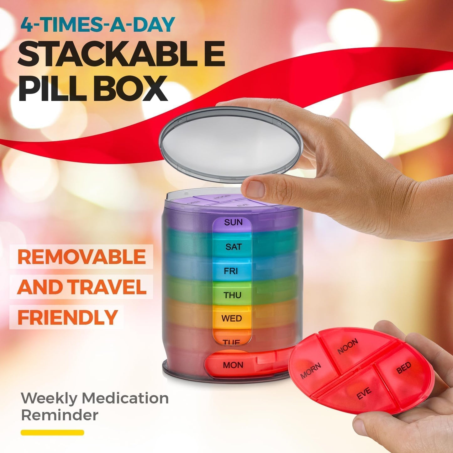 MEDca Weekly Pill Organizer, 1 Dispenser, 7 Stackable Multi-Color Compartments Four Times-a-Day - Morning, Noon, Evening, and Bedtime, Black