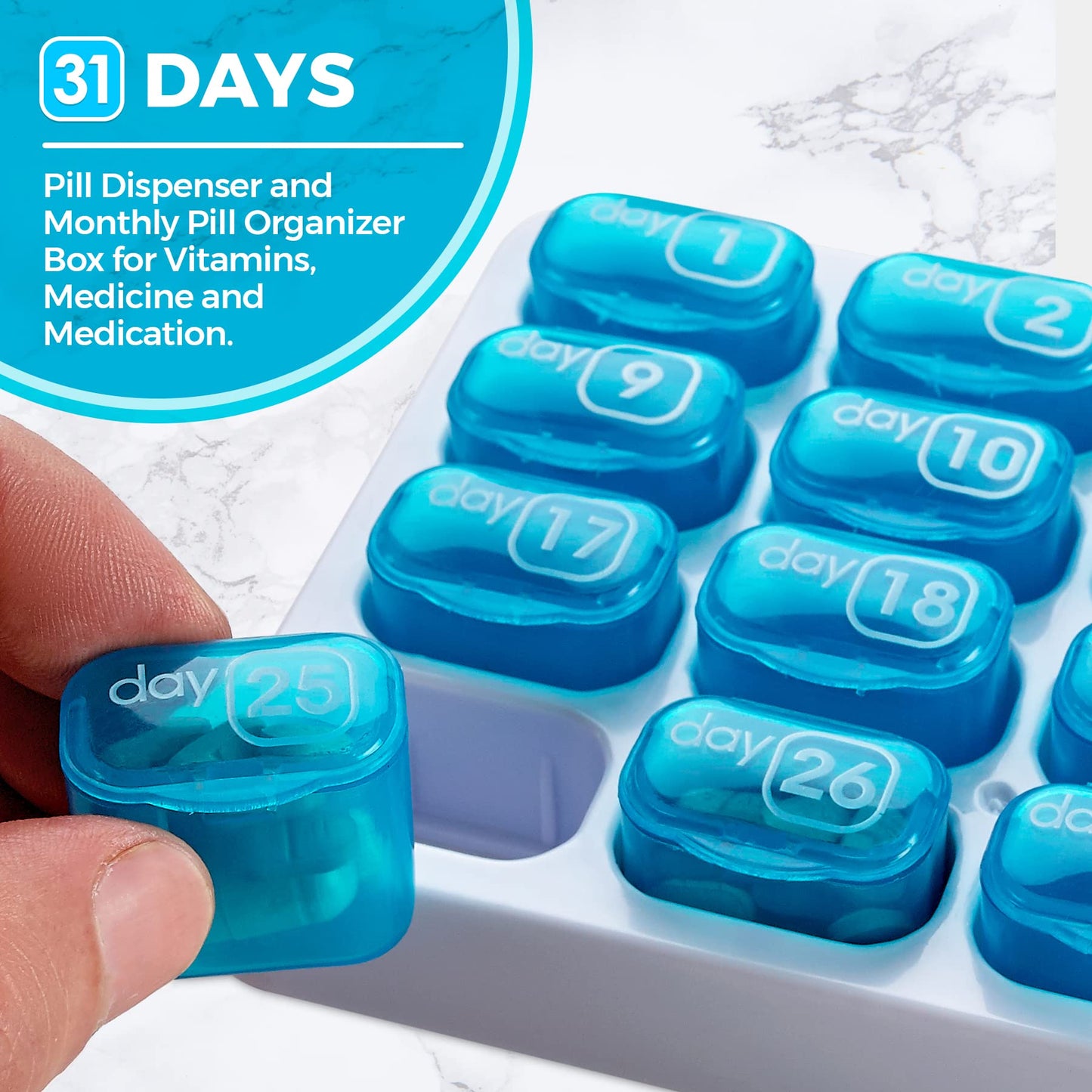 Monthly Pill Organizer - 31 Day Pill Organizer with Large Removable Medication Pods, Portable Pill Case Box and Holder for Daily Medicine and Vitamins, Great for Travel by MEDca